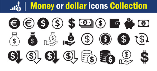 Money and Finance Icons Collection. Dollar icon set. Money, wallet, payment, bank, fund, earnings, income, currency, business, Vector Illustration