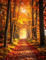 A sunlit path through trees in vibrant fall foliage, scattered leaves, and atmospheric perspective