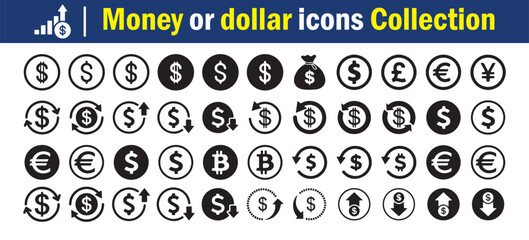 Money and Currency Icon Collection. Payment icons set Bold black payment and finance vector icon set featuring cash. vector Illustration