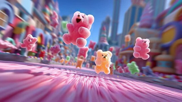 Gummy Bear Characters Running in a Candy World