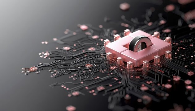 A metallic lock symbol is integrated into a pink circuit board, symbolizing digital security and technological protection. - Powered by Adobe
