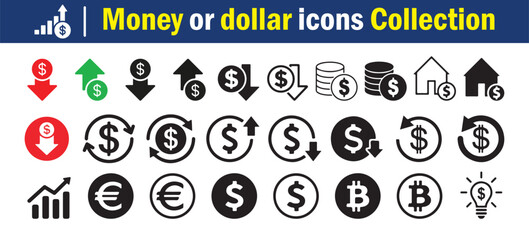 Money and Currency Icons Set. Dollar Finance Symbol Collection. Vector Illustration