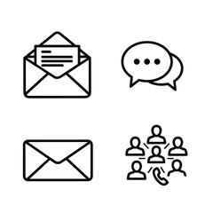 A set of four black and white line art icons representing various forms of communication.