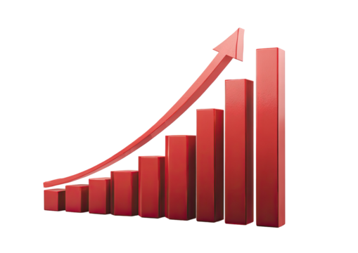 Red bar graph shows upwards trend, arrow on top - Powered by Adobe