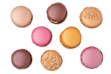 A arrangement of colorful macarons including chocolate. pink. and yellow varieties. displayed on a clean white background. perfect for dessert menus or culinary blogs