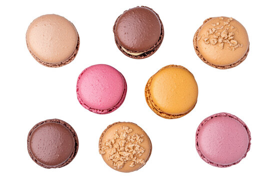 A arrangement of colorful macarons including chocolate. pink. and yellow varieties. displayed on a clean white background. perfect for dessert menus or culinary blogs - Powered by Adobe
