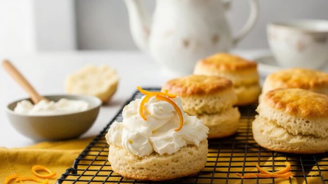 Freshly baked golden scones arranged on a cooling rack. One scone is topped with fluffy whipped cream and vibrant orange zest. Perfect for a delightful breakfast or afternoon tea treat
