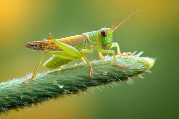 Fototapeta premium close-up of a bright green grasshopper perched on a dew-covered plant stem, vibrant bokeh background, delicate and alert mood
