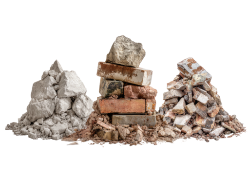 Stone & brick piles gray, red, brown debris on black