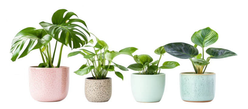 A display of indoor houseplants in decorative pots arranged neatly on a white background. their lush foliage and enhancing the aesthetic of modern home decor