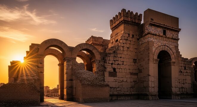 Golden hour casts ethereal glow on the crumbling Roman ruins of Palmyra Syria