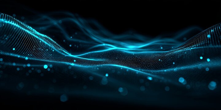 Abstract digital landscape with glowing blue wave patterns, data visualization in technology, financial analytics and modern graphics representation