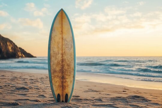 weathered surfboard standing upright in sand on a tranquil beach at golden sunset with gentle waves and distant rocky headland evoking peaceful solitude - Powered by Adobe