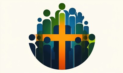stylized green and blue human silhouettes clustered in a circular shape around a bold orange cross, conveying unity, faith and hopeful community