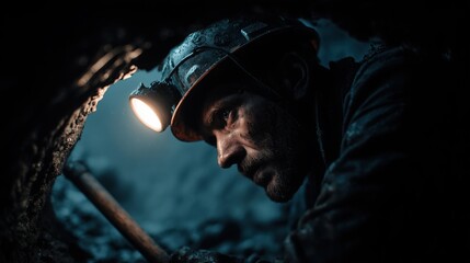 Determined Miner Navigating Dark Tunnel with Headlamp and Pickaxe in Challenging Conditions