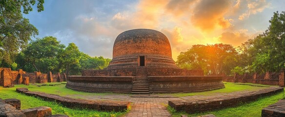 Ancient circular brick stupa and terraced ruins at golden sunset, surrounded by trees and lush grass, calm majestic and tranquil atmosphere