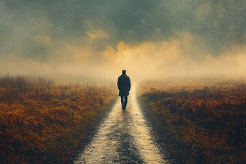 solitary figure in a coat walking along a wet country path through misty golden fields toward a distant light, evoking quiet solitude and contemplative calm