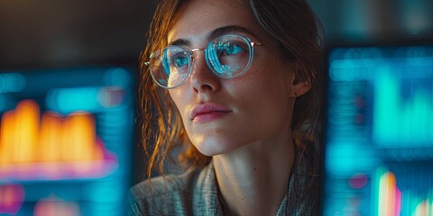 Focused female analyst looks at data screens in a modern office, surrounded by glowing charts and graphs, embodying concentration and innovation in finance.