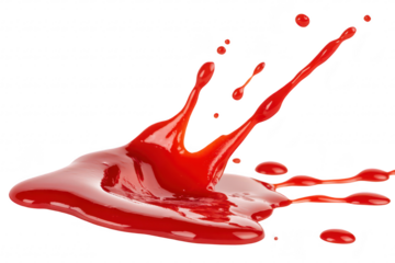 A splash of red paint captured mid-air. creating dynamic droplets and a glossy puddle on a white surface. perfect for artistic and creative projects