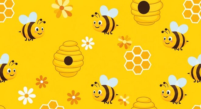 Cute cartoon bee and beehive seamless pattern on a bright yellow background with honeycombs and flowers.