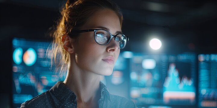 Focused female analyst looks at data screens in a modern office, surrounded by glowing charts and graphs, embodying concentration and innovation in finance.