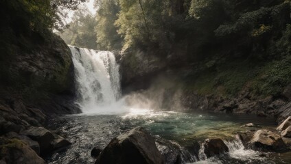 Fototapeta premium Majestic Waterfall Cascading Through Lush Green Forest into a Crystal Clear Pool.