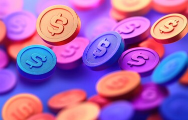 Vibrant floating blue, purple, orange and pink coins embossed with dollar symbols, playful energetic futuristic digital finance concept