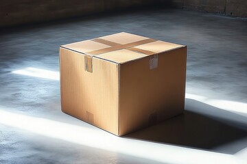 Single taped cardboard box on concrete floor bathed in shafts of sunlight casting a long shadow in an empty industrial space, quiet and contemplative