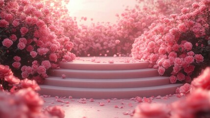 Round tiered stone steps framed by abundant pink rose bushes and scattered petals in a dreamy romantic sunlit garden