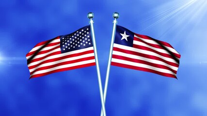 USA and Liberia Flag Waving On Pole Loop