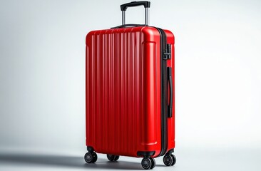 Bright red hard-shell spinner suitcase with telescoping handle and four wheels standing upright on white background, sleek modern travel luggage conveying anticipation and readiness