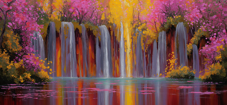 Enchanting waterfall cascading through a vibrant forest, colorful blossoms and serene water reflecting the scene, peaceful nature escape
