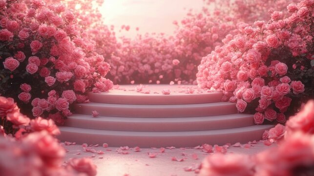 Round tiered stone steps framed by abundant pink rose bushes and scattered petals in a dreamy romantic sunlit garden - Powered by Adobe
