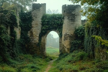 misty overgrown stone gateway between round castle towers with ivy-covered ruins and a narrow path, evoking quiet mystery and timeless serenity