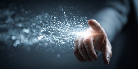 Hand Reaching Out Towards a Burst of Digital Particles Symbolizing Technology, Innovation, and Data Processing in a Modern Business Environment