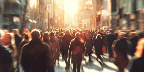 Busy urban street with blurred crowd of people walking in city center during sunny day, showcasing movement and hustle of modern life in metropolitan area