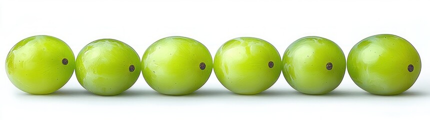 Six glossy green fruits lined up in a neat row on a bright white background, minimalist still life conveying calm freshness and clean simplicity