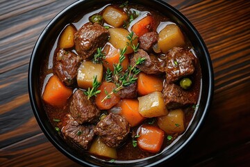 comforting hearty bowl of beef stew with tender beef cubes, carrots, potatoes, peas and sprigs of fresh thyme in rich brown gravy on a wooden table