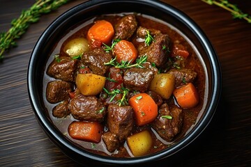 hearty beef stew with chunky carrots and potatoes in rich brown gravy garnished with fresh thyme, warm comforting rustic bowl