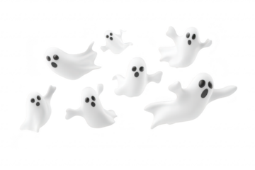 A playful scene featuring multiple cartoonish ghosts floating in mid-air against a clean white background. creating a whimsical atmosphere suitable for Halloween-themed designs