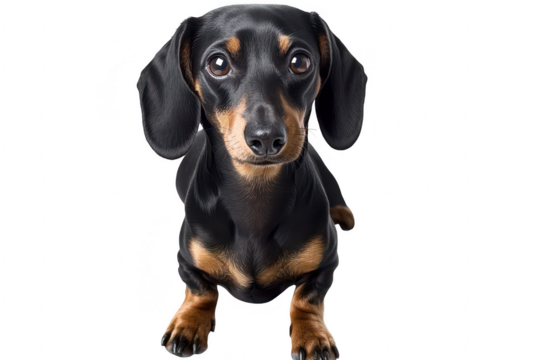 A charming black and tan dachshund sitting gracefully on a white background. its adorable features and playful demeanor. ideal for pet-related content or advertisements