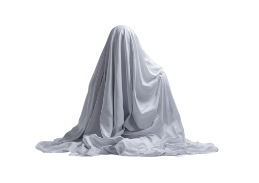Draped cloth figure, mysterious, isolated on a dark backdrop