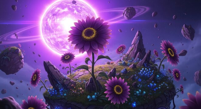 A whimsical garden under a cosmic moon with celestial flora and floating rocks