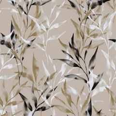 Gordijnen Bladeren Botanical seamless pattern featuring watercolor-style leafy branches in shades of black, brown and white on a muted beige background  © momosama