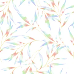 Gordijnen Bladeren Botanical seamless pattern featuring leafy branches in translucent pastel rainbow colors on a solid white background  © momosama