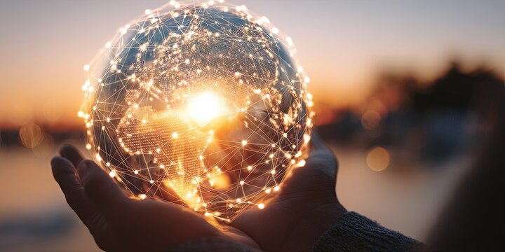 Hands Holding Virtual Globe with Digital Connections Against a Beautiful Sunset Background Symbolizing Technology and Global Unity