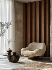 serene cozy lounge with rounded cream boucle armchair, round glass-top coffee table on wooden pedestal with ceramic vases, vertical wooden slat wall, sheer curtains and soft natural light