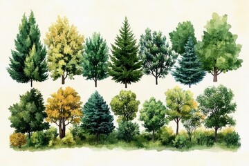 serene watercolor illustration of diverse trees and shrubs in two rows with green and autumn foliage above a grassy base