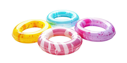 A collection of four colorful inflatable pool rings in yellow. blue. pink. and purple. arranged on a clean white background. ideal for summer-themed designs and leisure activities