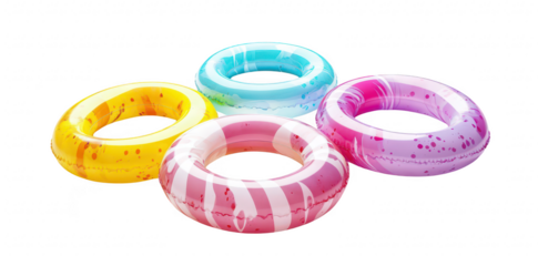 A collection of four colorful inflatable pool rings in yellow. blue. pink. and purple. arranged on a clean white background. ideal for summer-themed designs and leisure activities